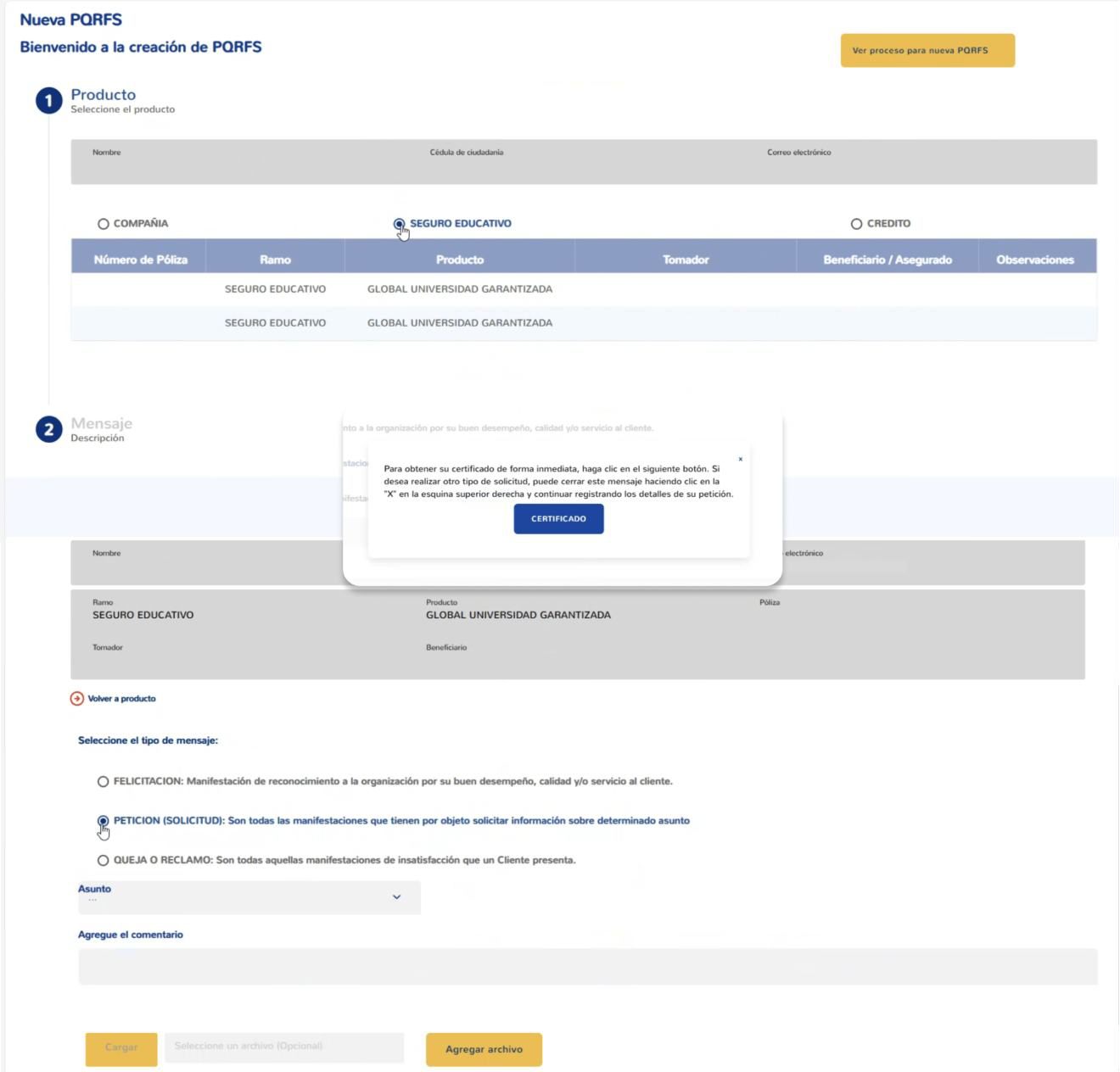 Pantalla de Redirección PQRF